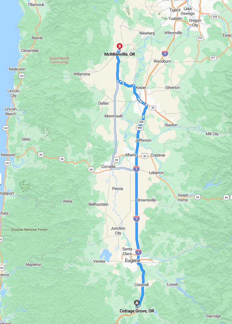 driving from Cottage Grove, Oregon to McMinnvilleOregon - map and route