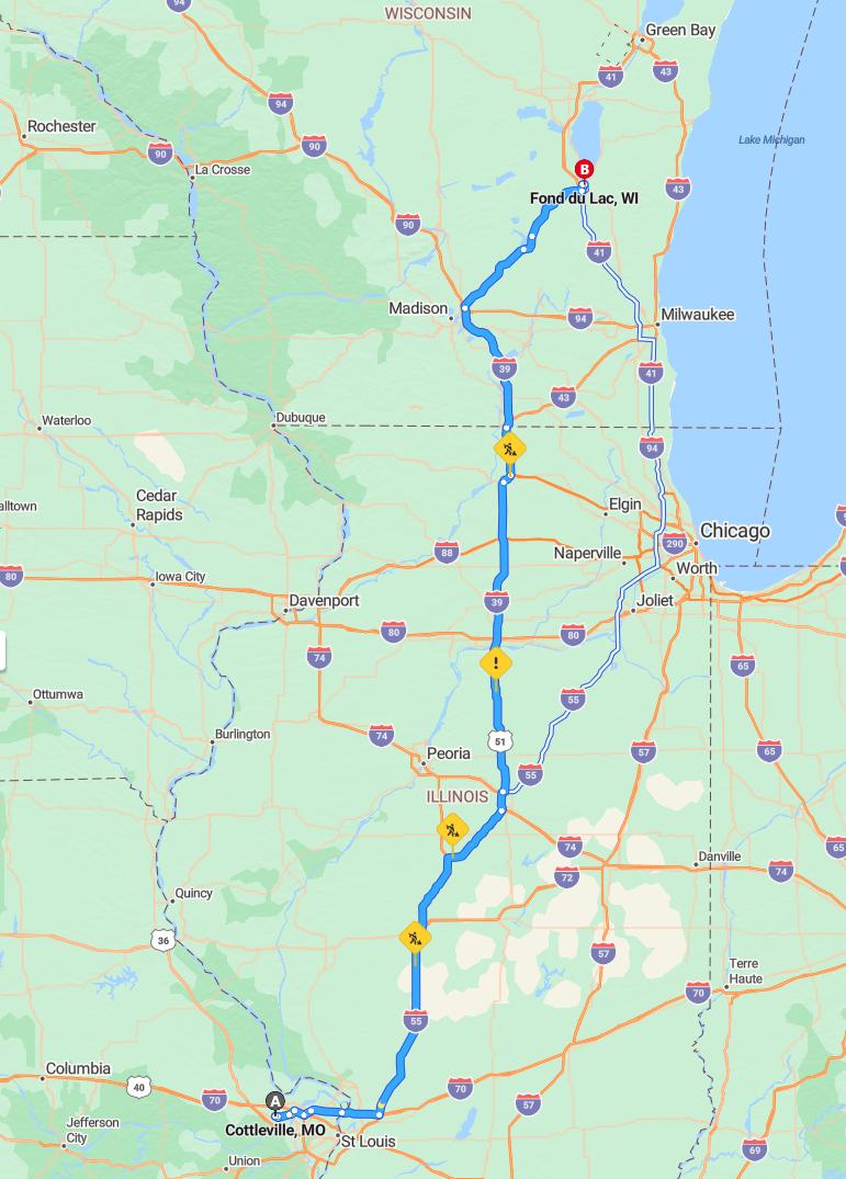 driving from Cottleville, Missouri to Fond du LacWisconsin - map and route
