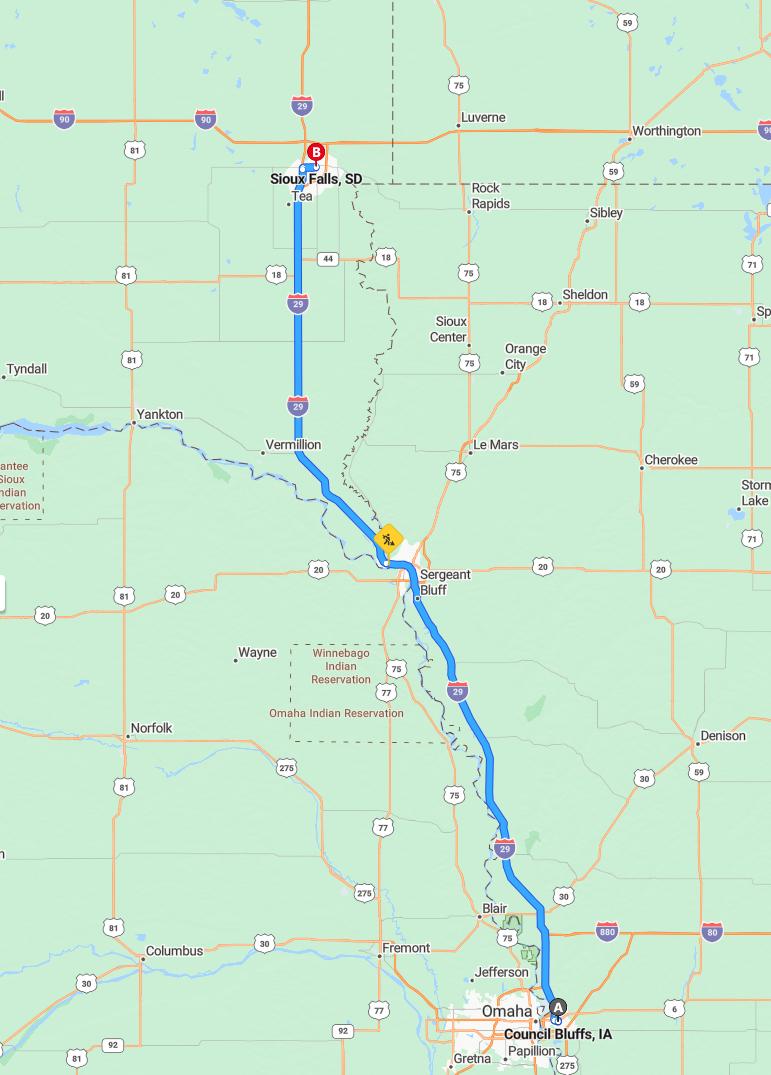 driving from Council Bluffs, Iowa to Sioux FallsSouth Dakota - map and route