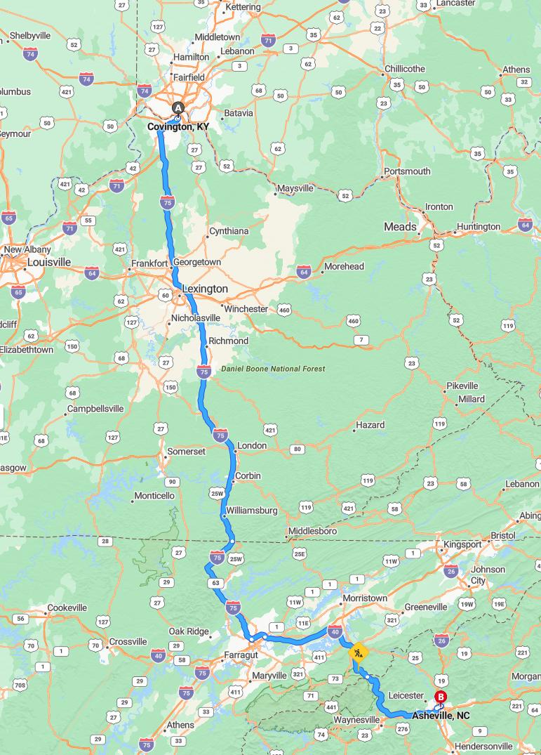 driving from Covington, Kentucky to AshevilleNorth Carolina - map and route