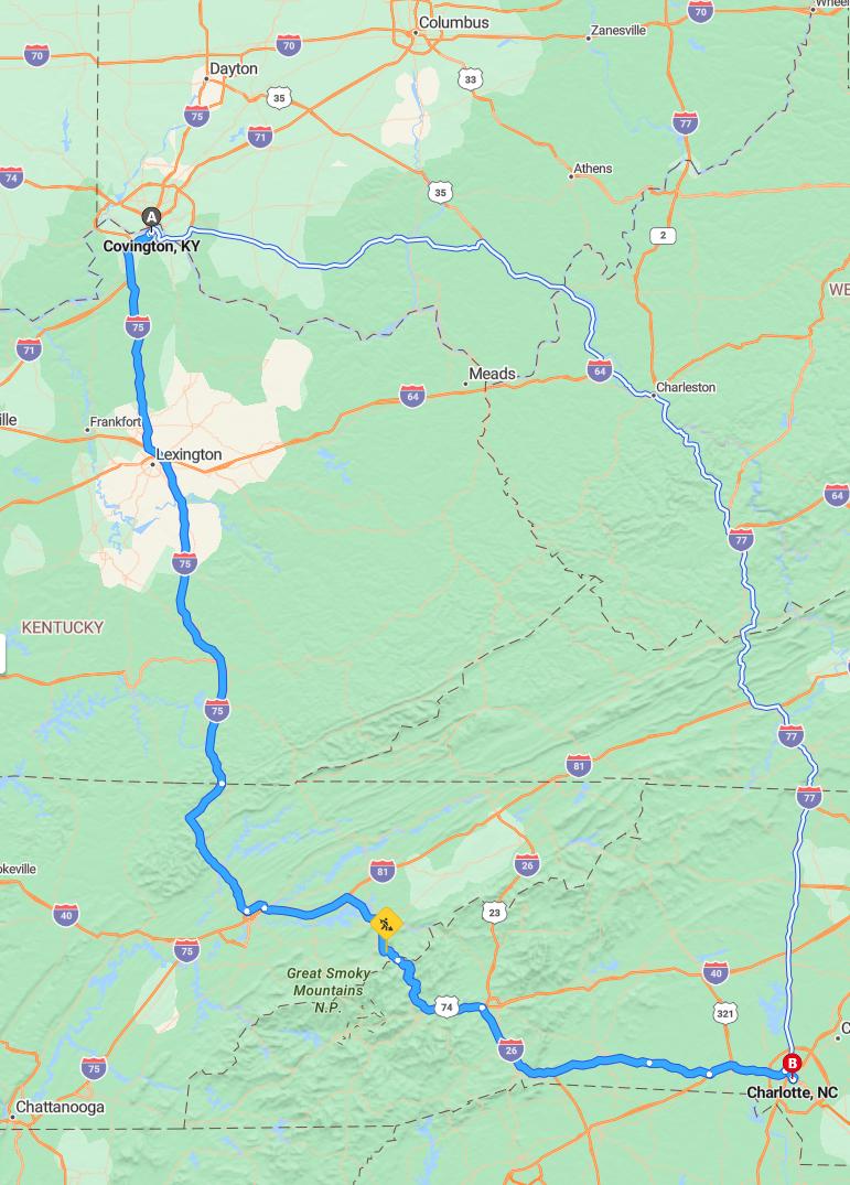 driving from Covington, Kentucky to CharlotteNorth Carolina - map and route