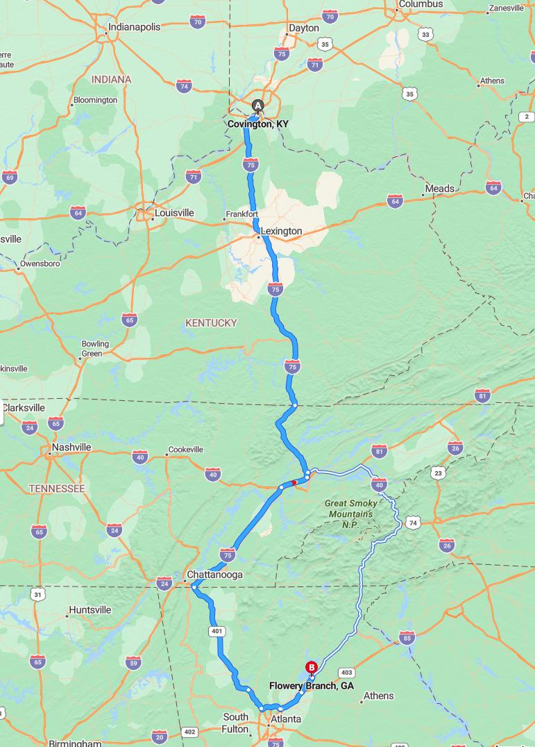 driving from Covington, Kentucky to Flowery BranchGeorgia - map and route
