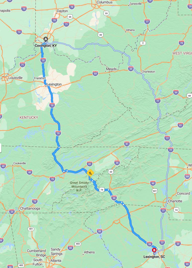 driving from Covington, Kentucky to LexingtonSouth Carolina - map and route