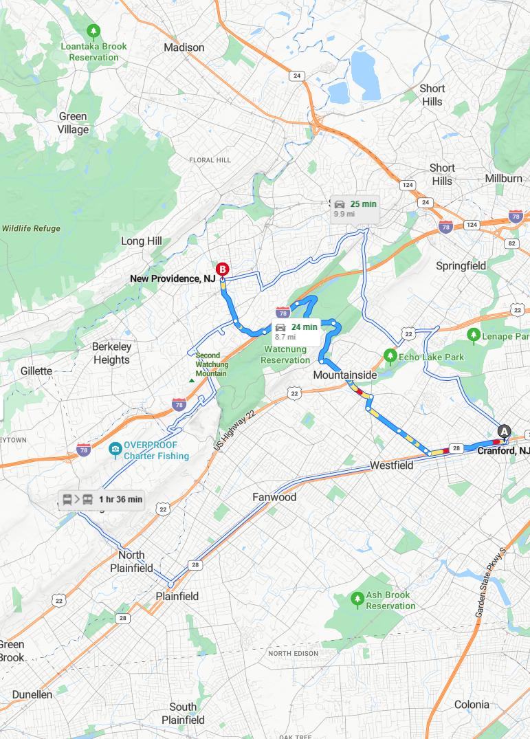 driving from Cranford, New Jersey to New ProvidenceNew Jersey - map and route