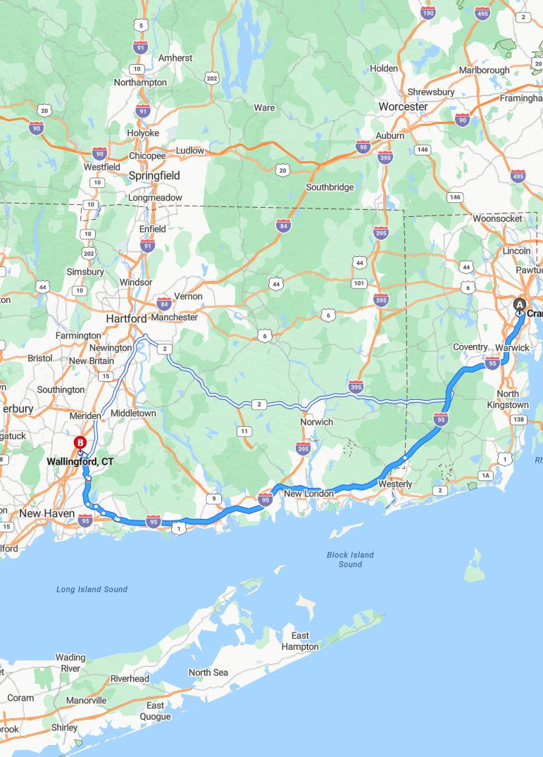 driving from Cranston, Rhode Island to WallingfordConnecticut - map and route