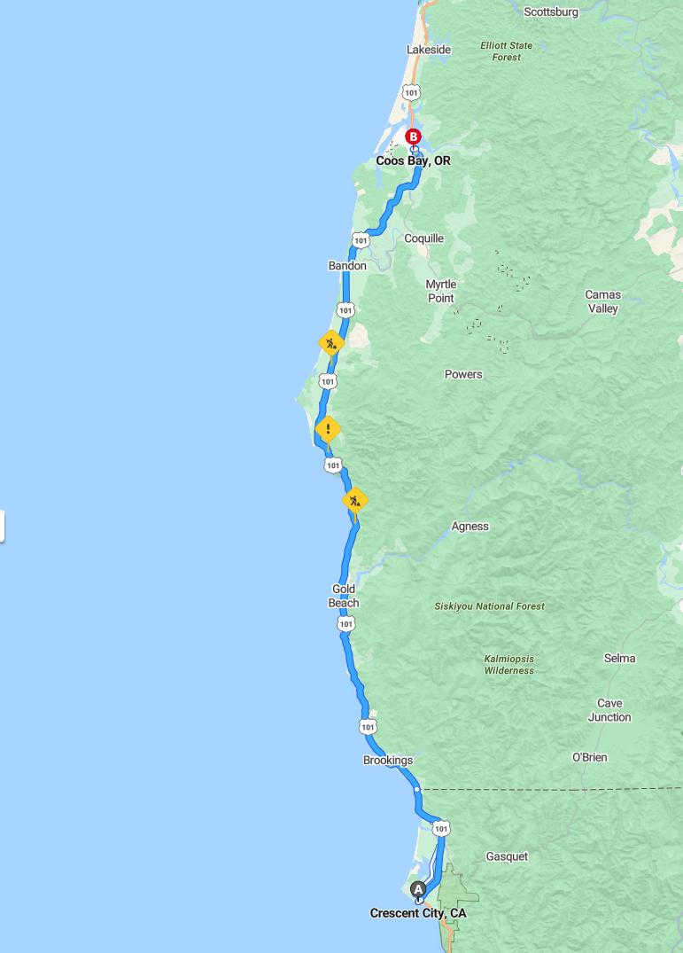 driving from Crescent City, California to Coos BayOregon - map and route