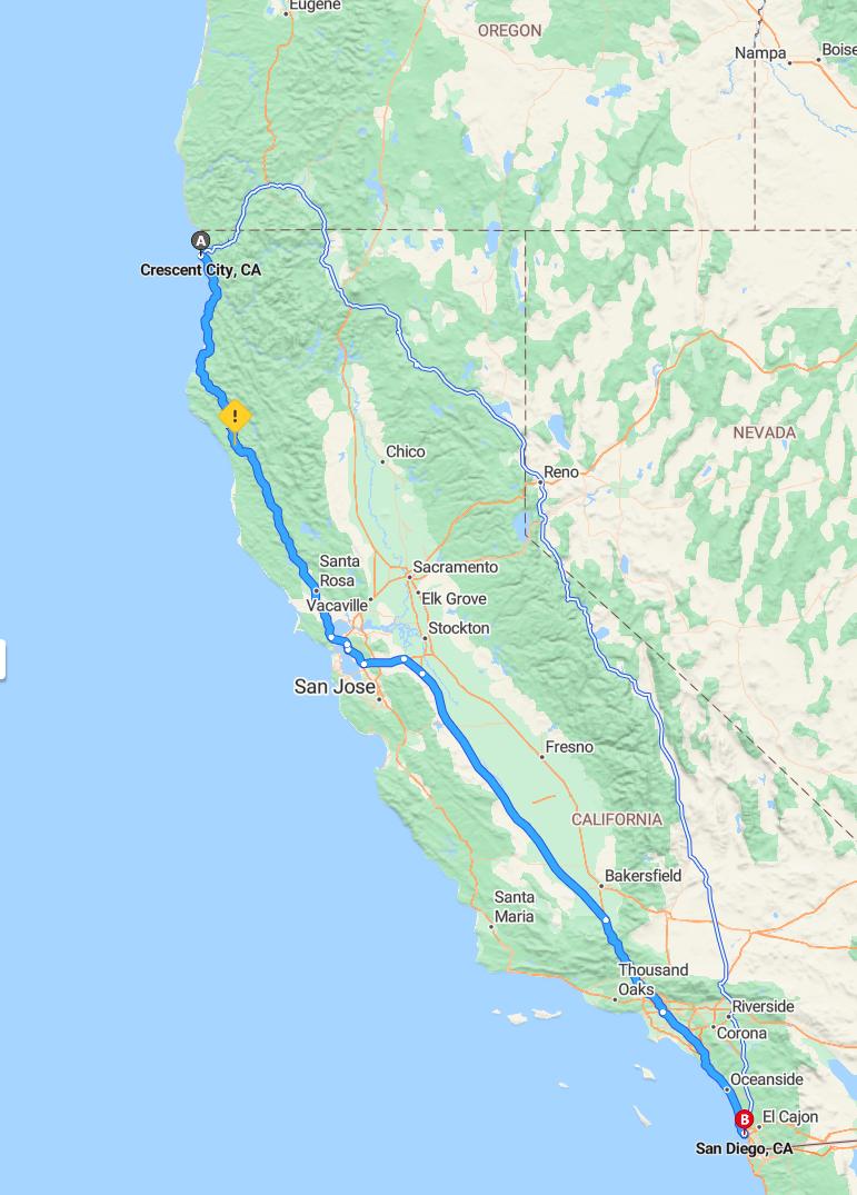 driving from Crescent City, California to San DiegoCalifornia - map and route