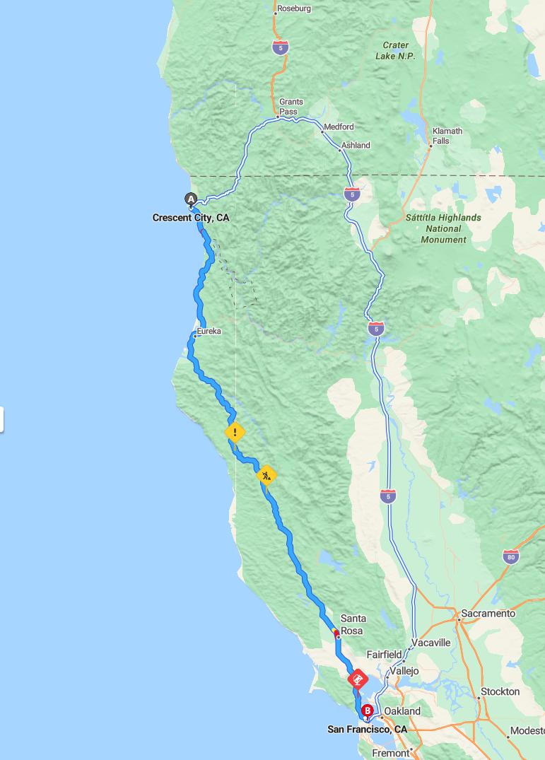 driving from Crescent City, California to San FranciscoCalifornia - map and route