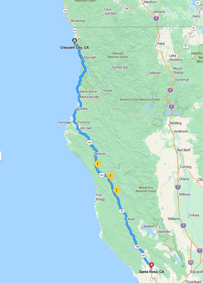 driving from Crescent City, California to Santa RosaCalifornia - map and route