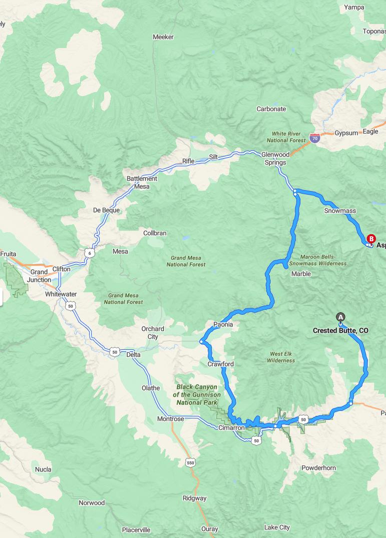 driving from Crested Butte, Colorado to AspenColorado - map and route