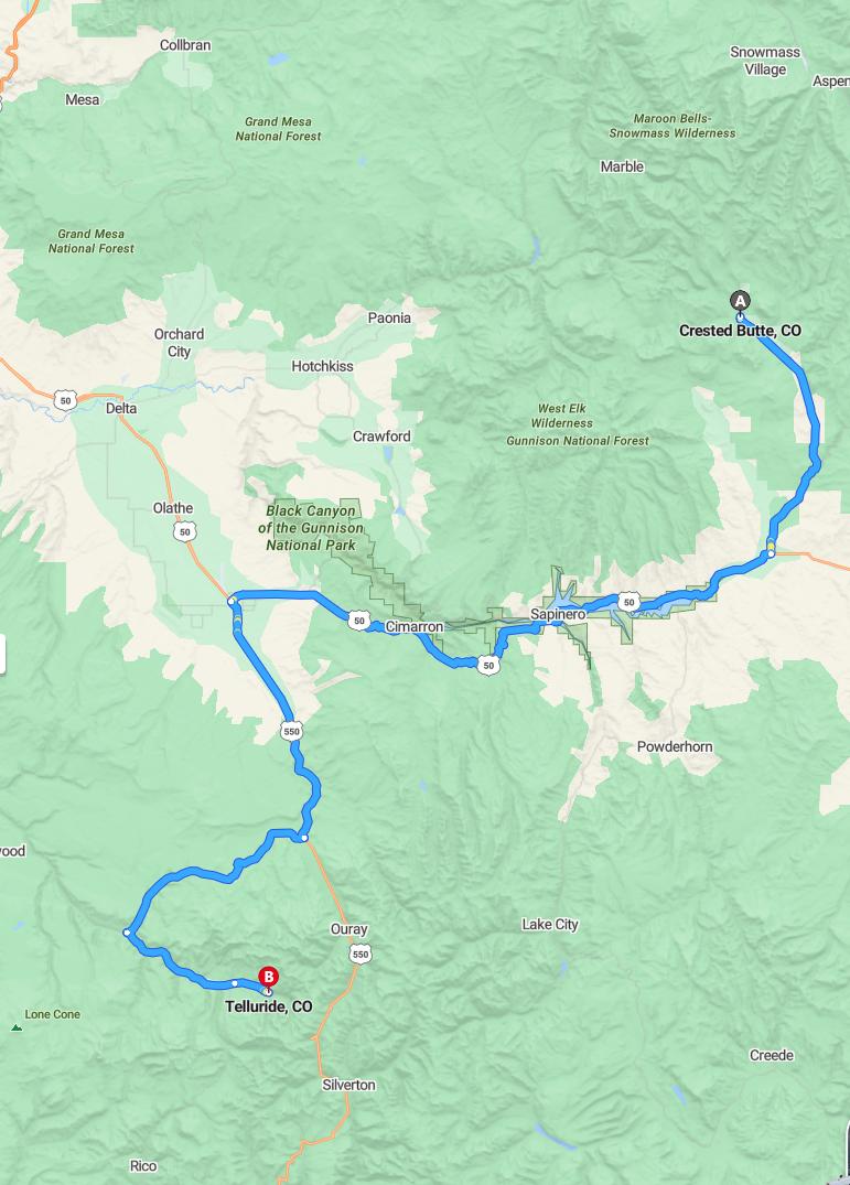 driving from Crested Butte, Colorado to TellurideColorado - map and route