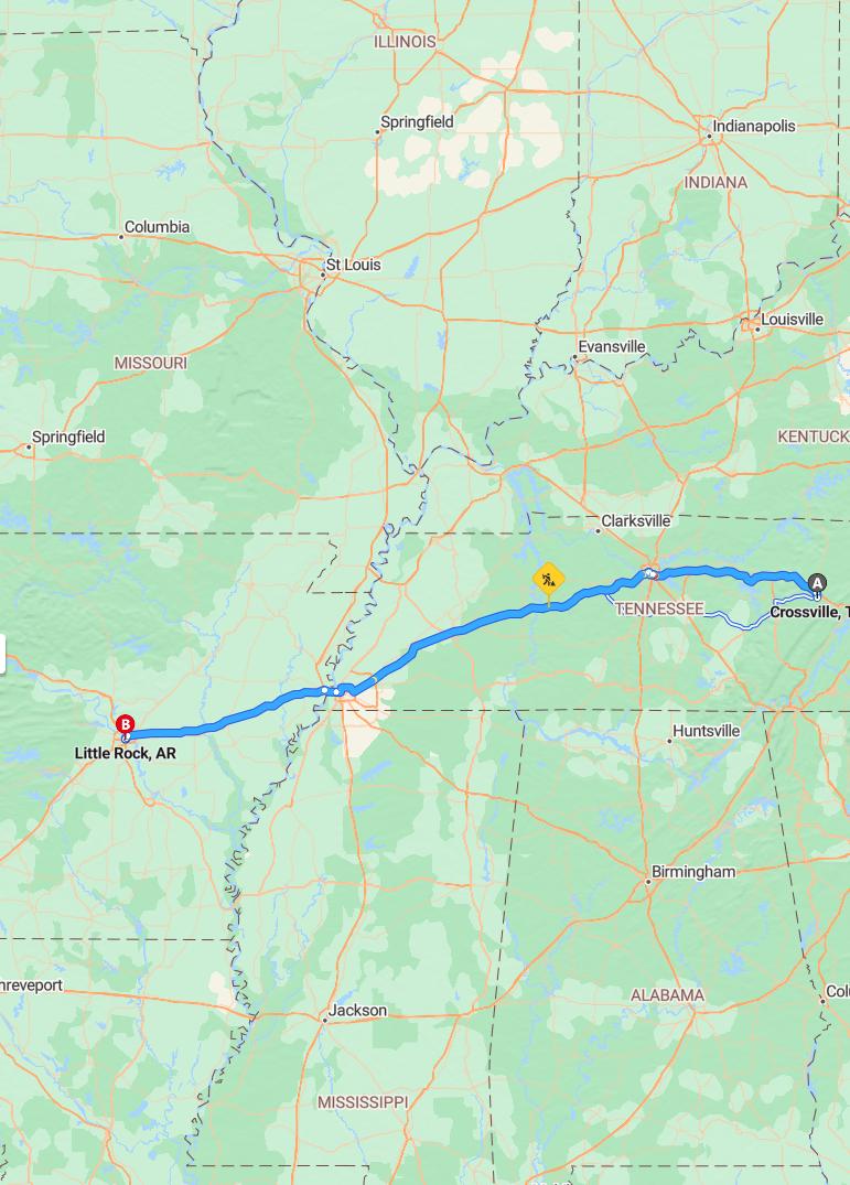 driving from Crossville, Tennessee to Little RockArkansas - map and route