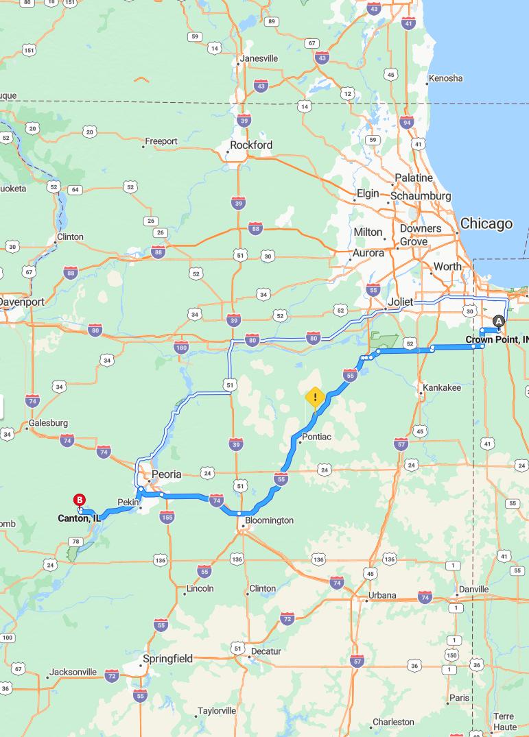 driving from Crown Point, Indiana to CantonIllinois - map and route