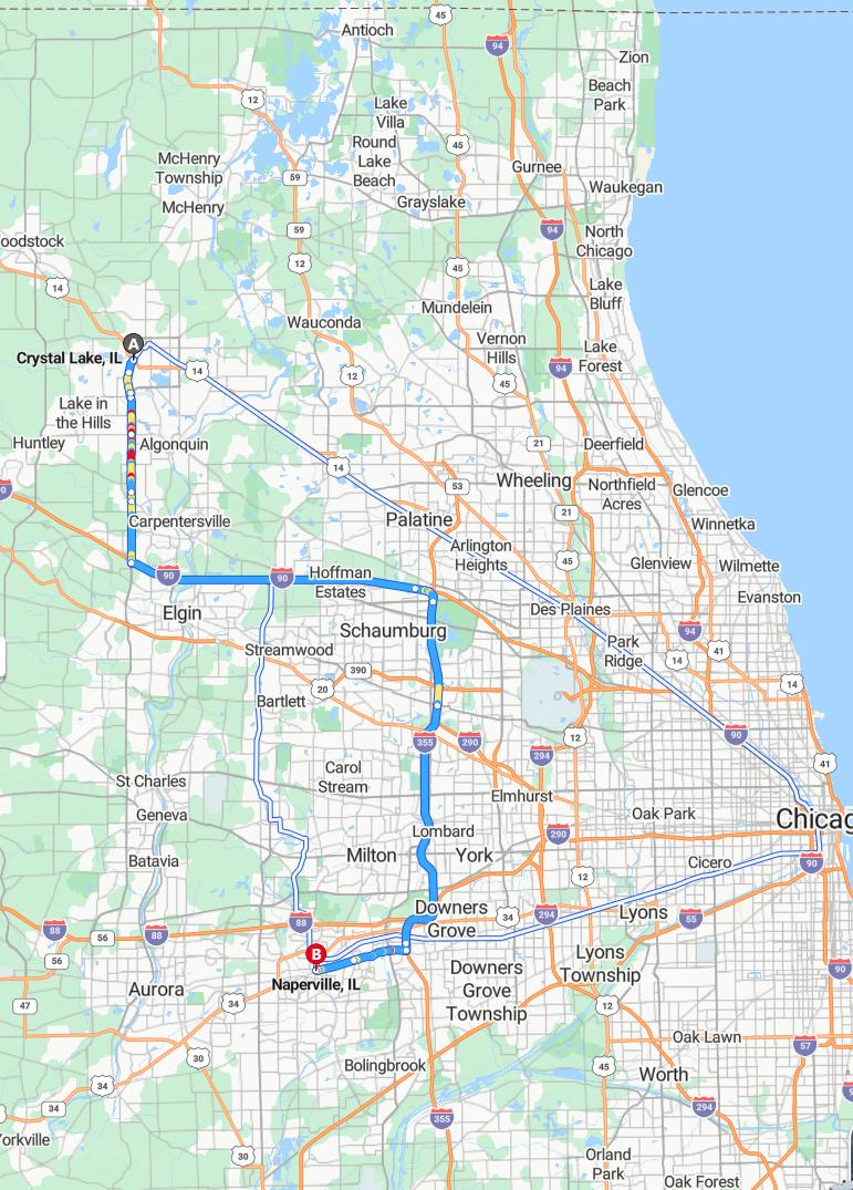 driving from Crystal Lake, Illinois to NapervilleIllinois - map and route