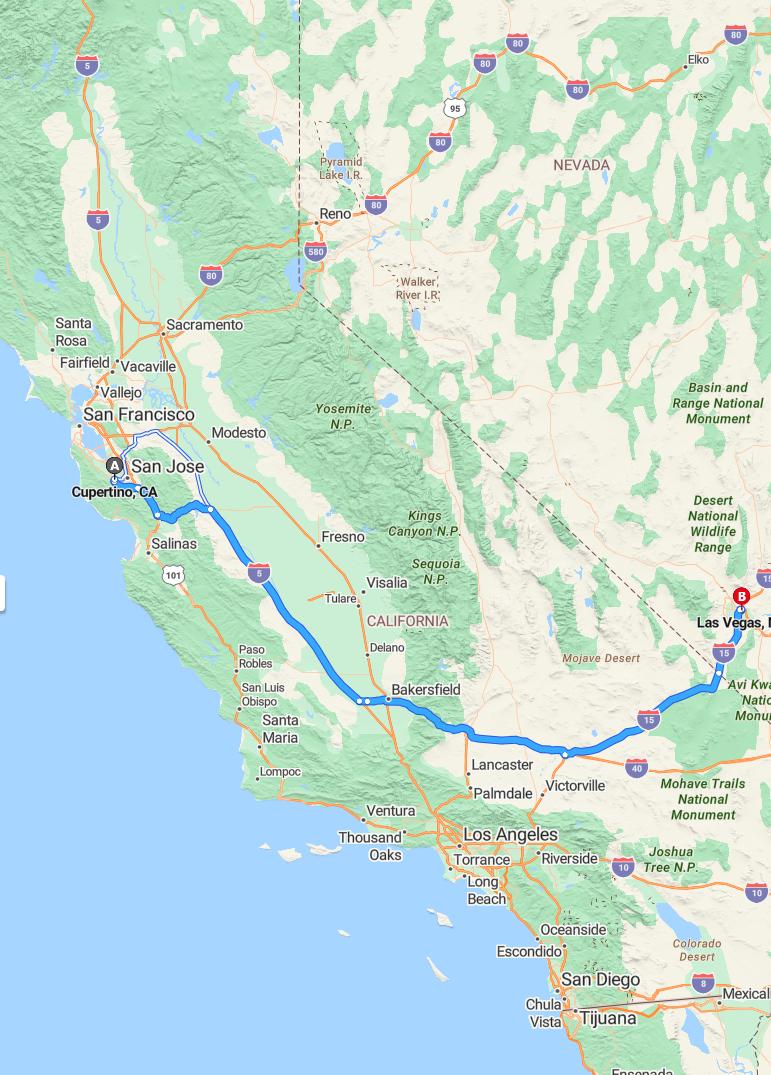 driving from Cupertino, California to Las VegasNevada - map and route