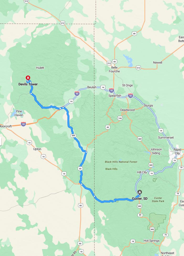 driving from Custer, South Dakota to Devils TowerWyoming - map and route