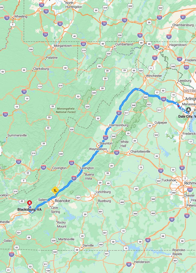 driving from Dale City, Virginia to BlacksburgVirginia - map and route