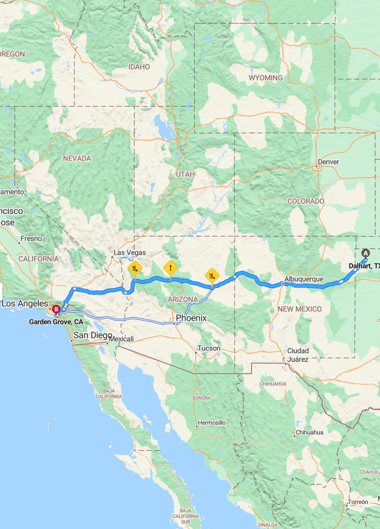 driving from Dalhart, Texas to Garden GroveCalifornia - map and route