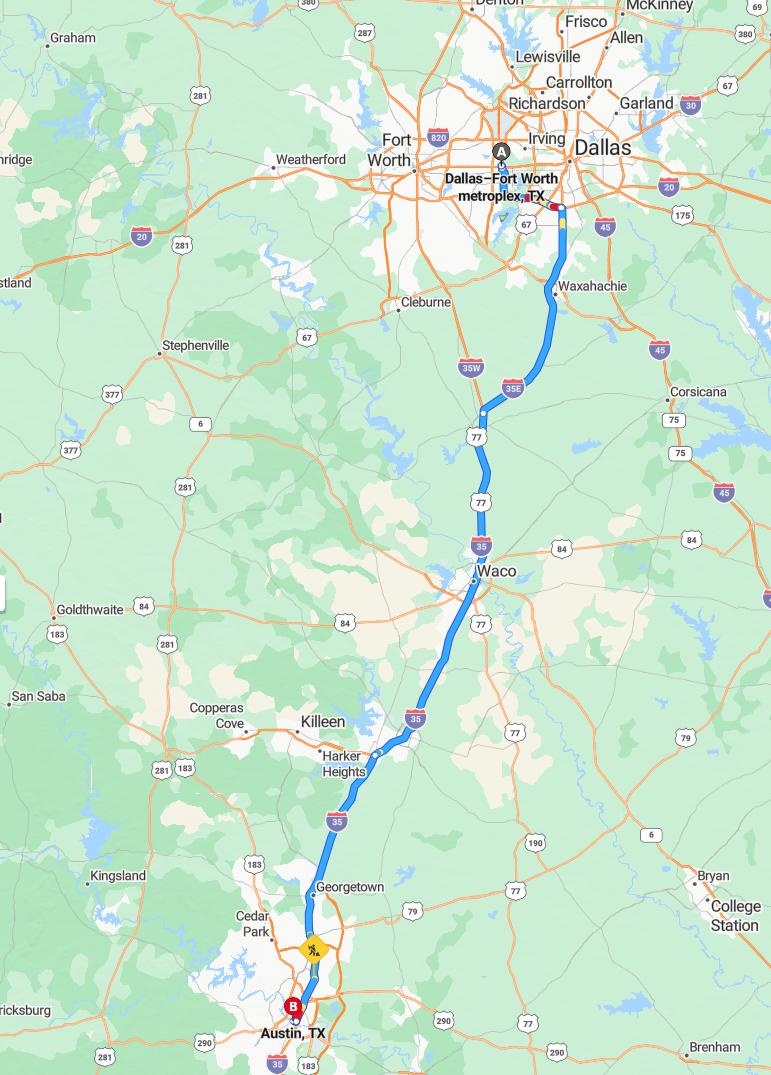 driving from Dallas-Fort Worth, Texas to AustinTexas - map and route