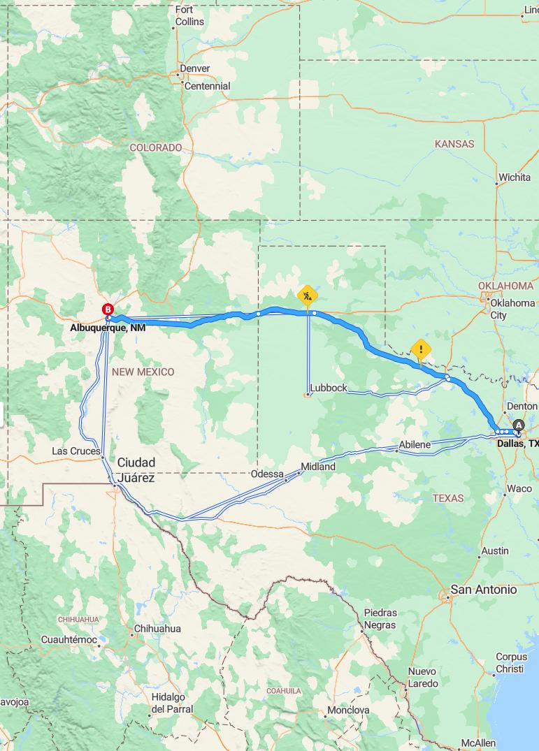 driving from Dallas, Texas to AlbuquerqueNew Mexico - map and route