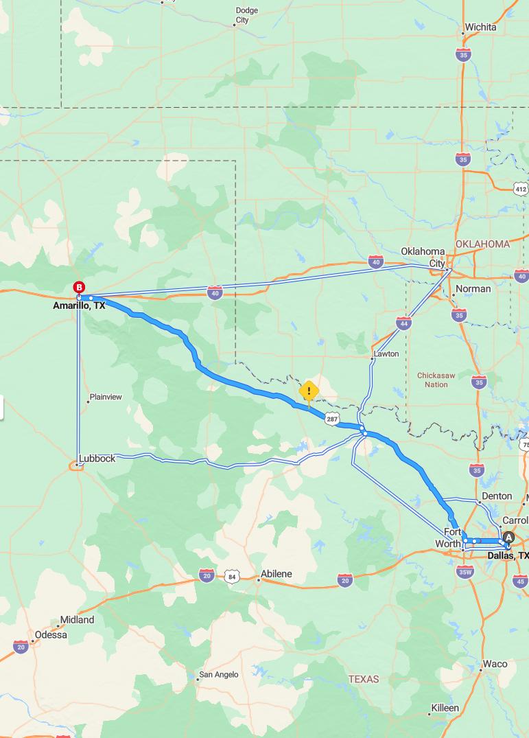 driving from Dallas, Texas to AmarilloTexas - map and route