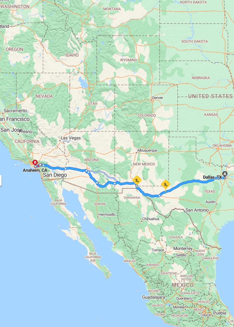 driving from Dallas, Texas to AnaheimCalifornia - map and route