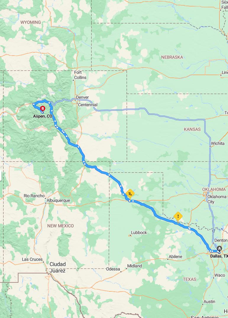 driving from Dallas, Texas to AspenColorado - map and route