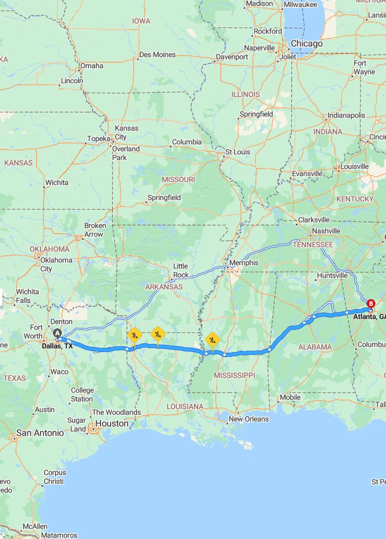 driving from Dallas, Texas to AtlantaGeorgia - map and route