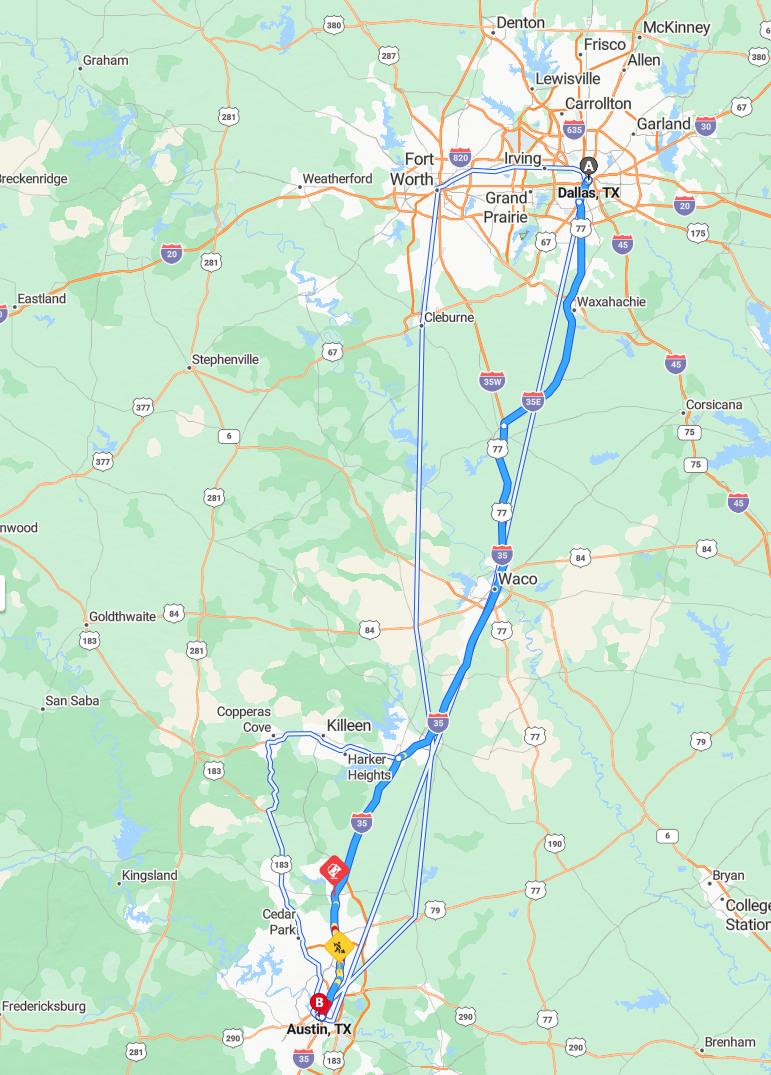 driving from Dallas, Texas to AustinTexas - map and route