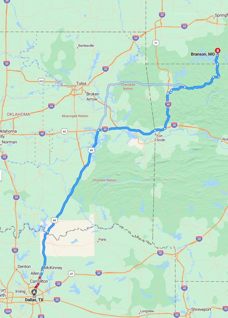 driving from Dallas, Texas to BransonMissouri - map and route