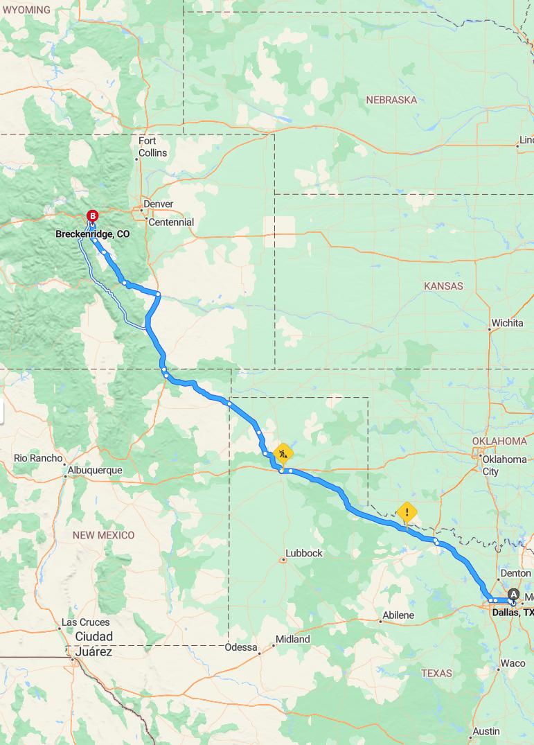 driving from Dallas, Texas to BreckenridgeColorado - map and route