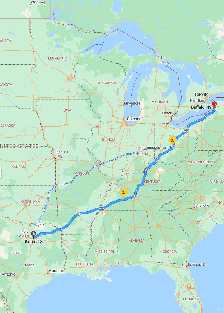 driving from Dallas, Texas to BuffaloNew York - map and route
