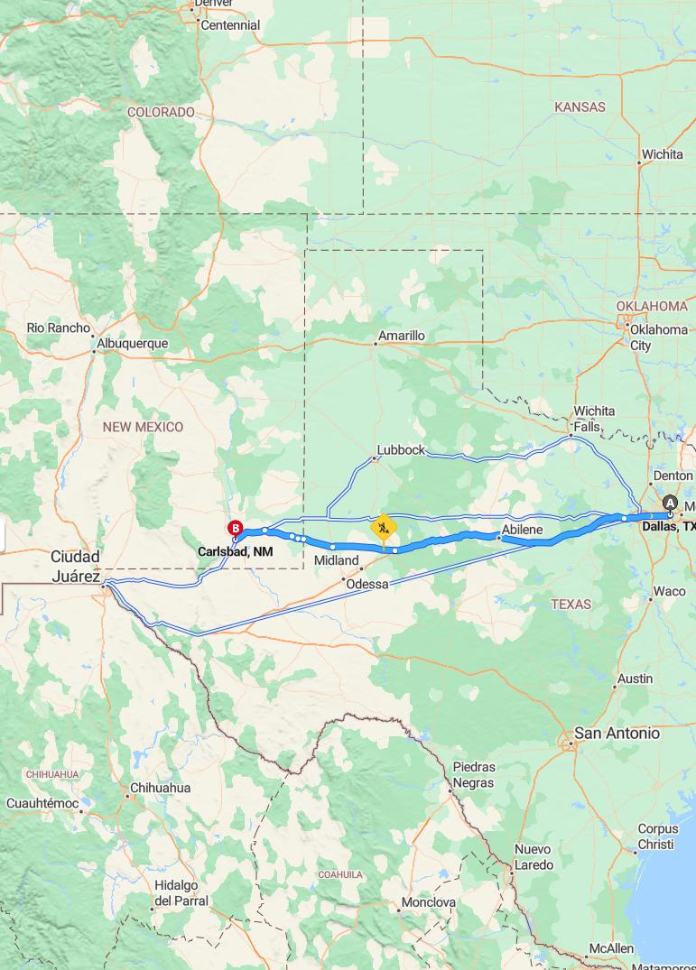driving from Dallas, Texas to CarlsbadNew Mexico - map and route
