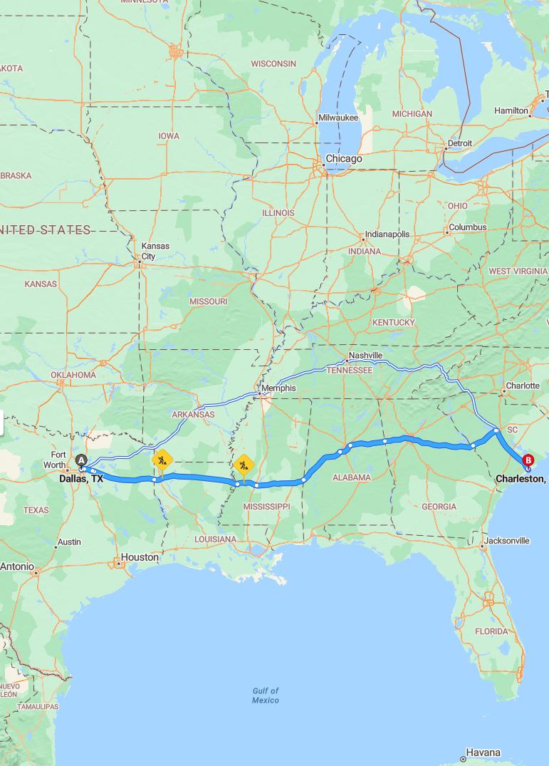 driving from Dallas, Texas to CharlestonSouth Carolina - map and route