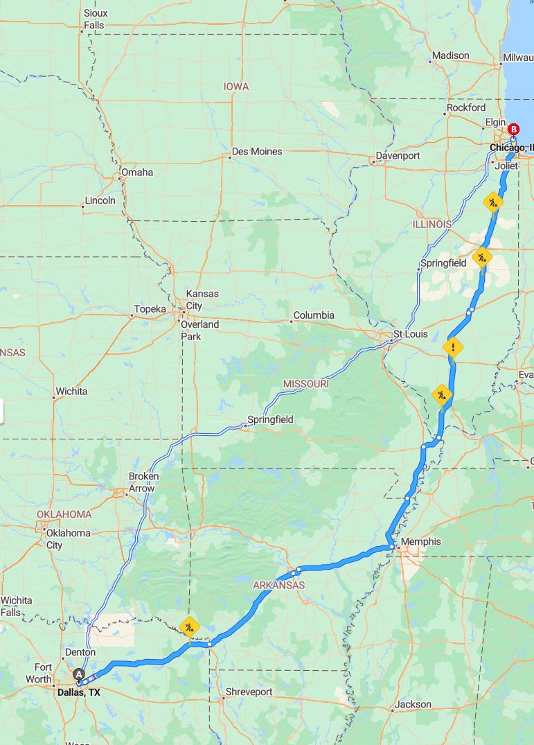 driving from Dallas, Texas to ChicagoIllinois - map and route