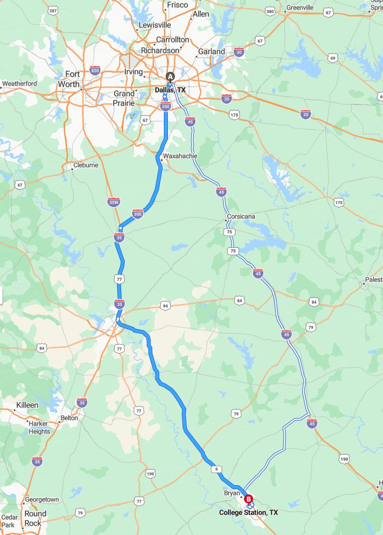 driving from Dallas, Texas to College StationTexas - map and route