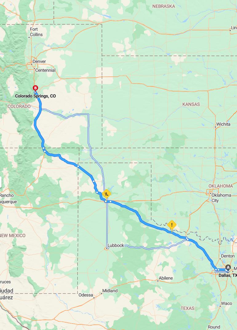 driving from Dallas, Texas to Colorado SpringsColorado - map and route