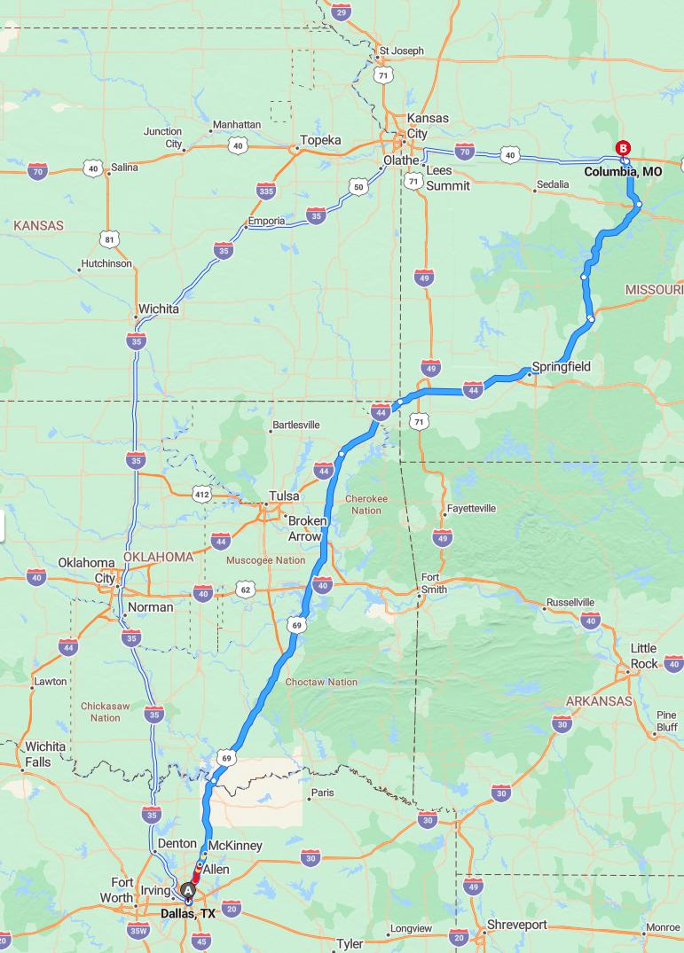 driving from Dallas, Texas to ColumbiaMissouri - map and route