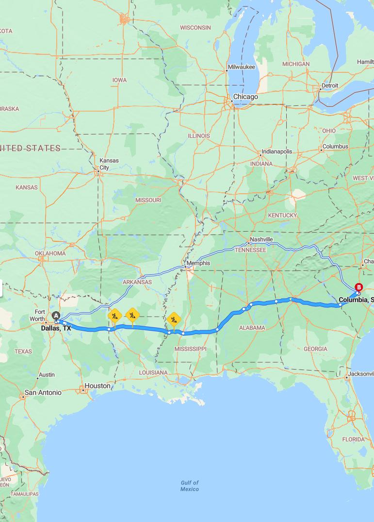 driving from Dallas, Texas to ColumbiaSouth Carolina - map and route