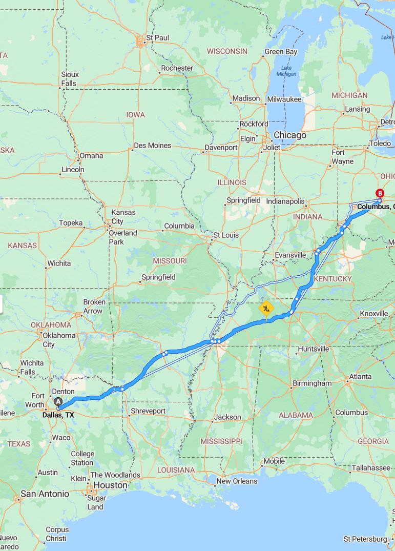 driving from Dallas, Texas to ColumbusOhio - map and route