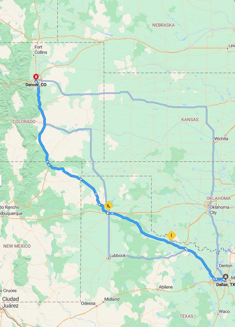 driving from Dallas, Texas to DenverColorado - map and route