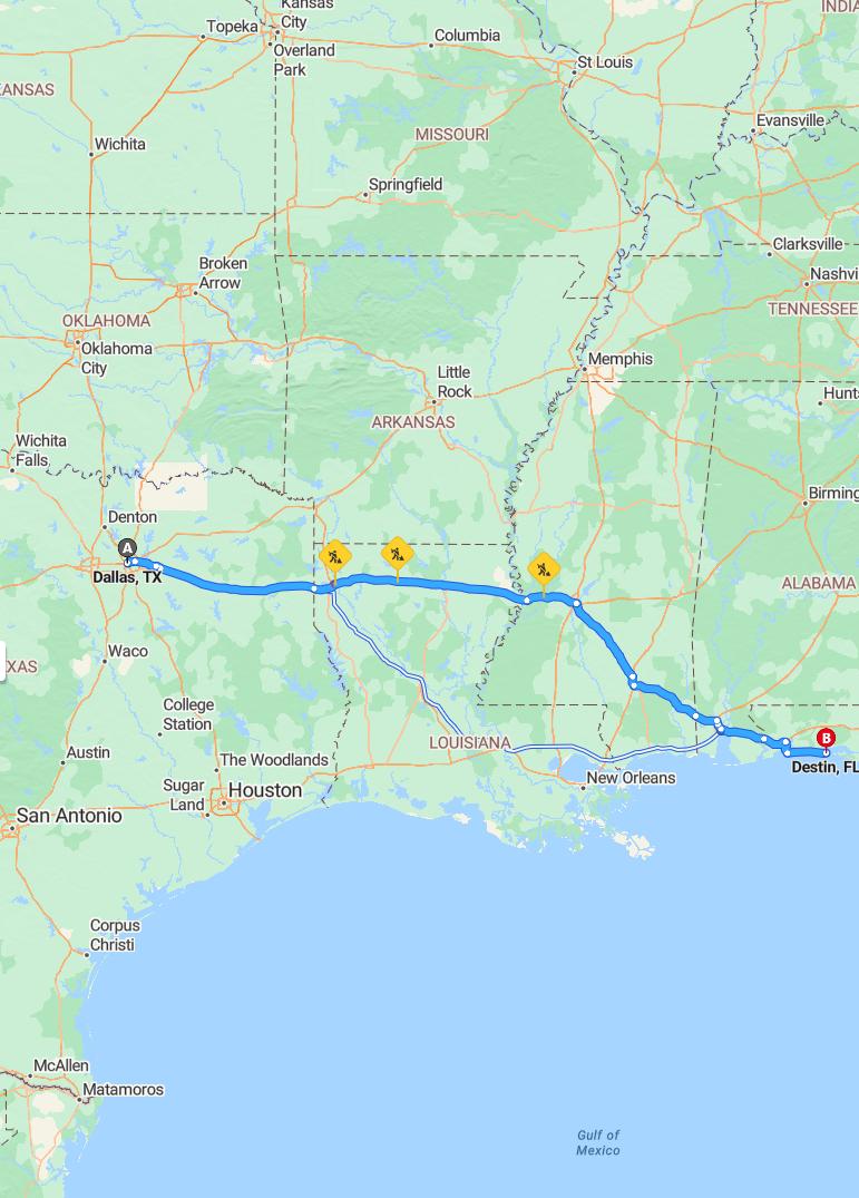 driving from Dallas, Texas to DestinFlorida - map and route