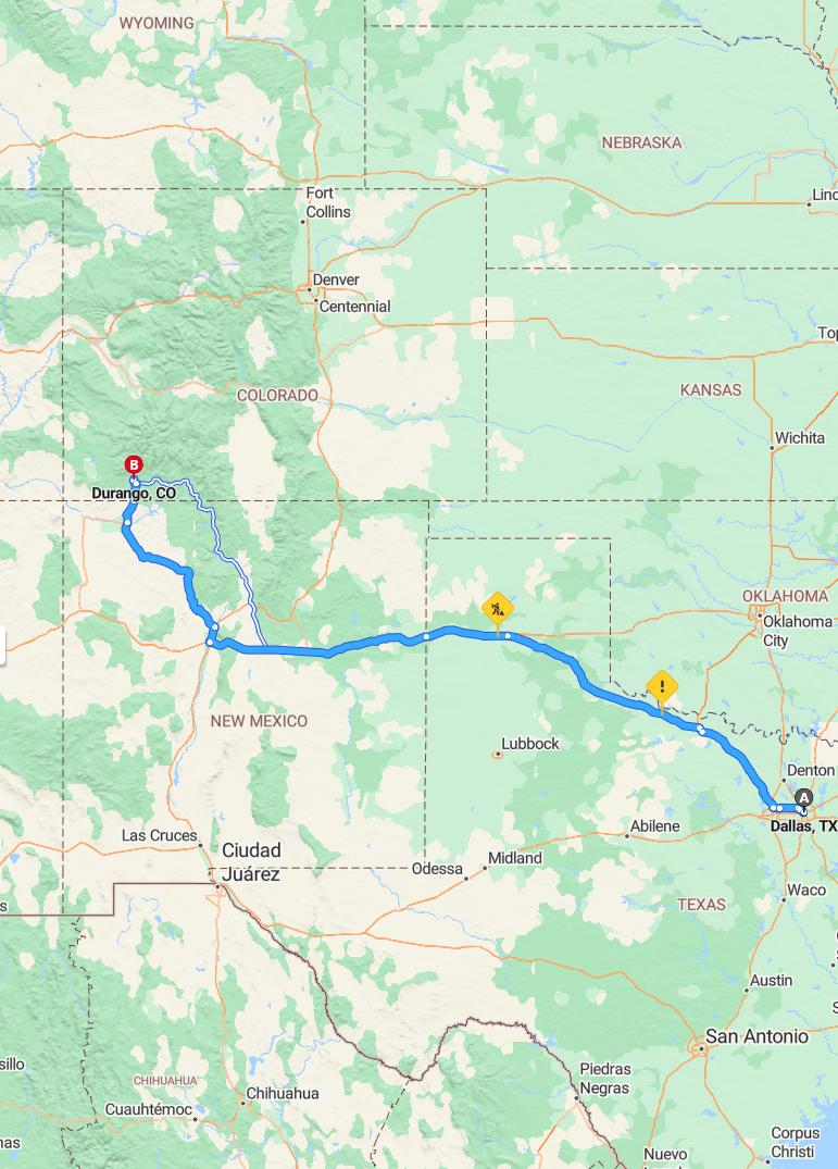 driving from Dallas, Texas to DurangoColorado - map and route