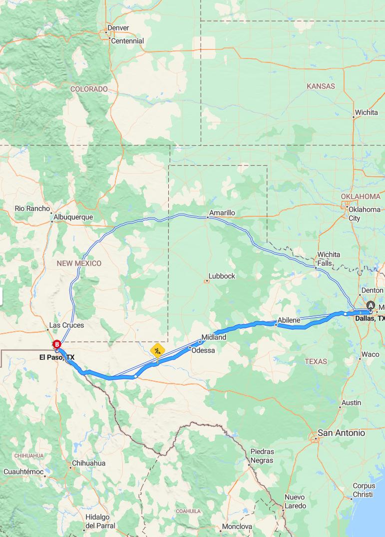 driving from Dallas, Texas to El PasoTexas - map and route
