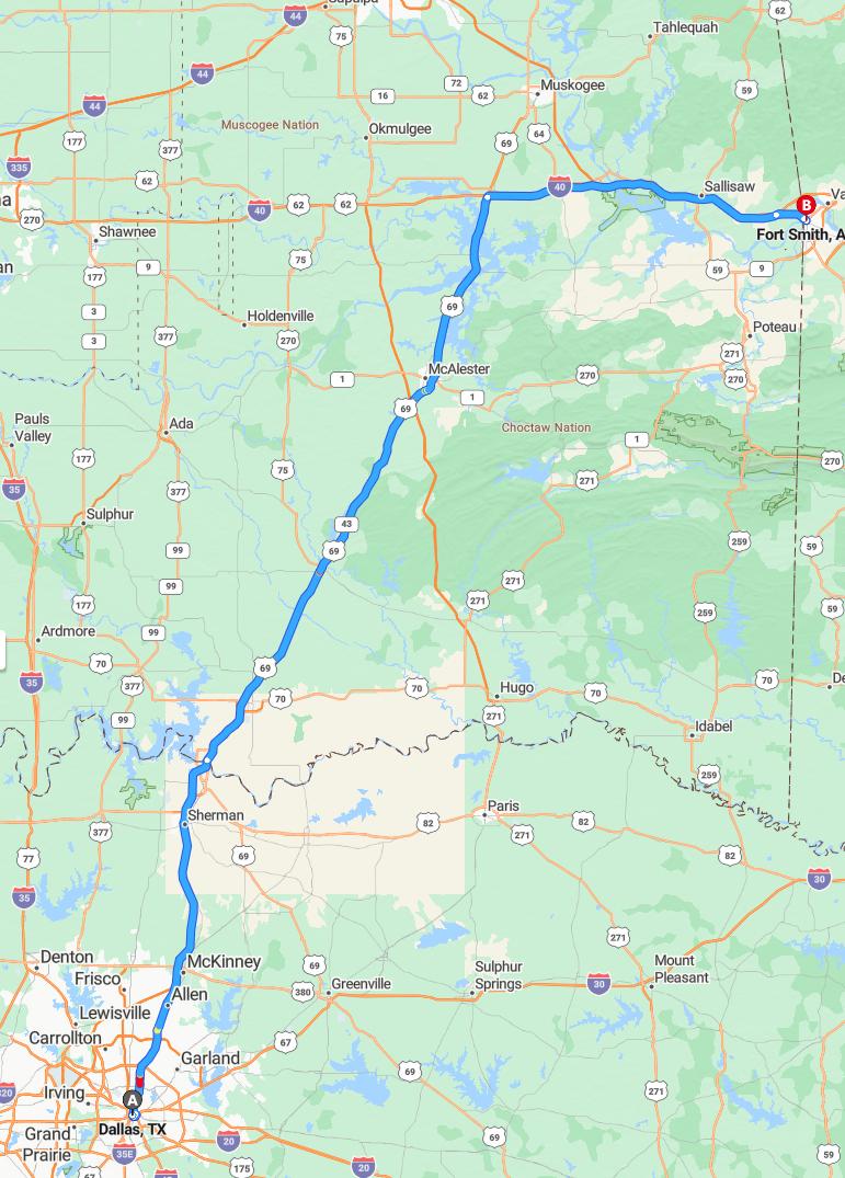 driving from Dallas, Texas to Fort SmithArkansas - map and route