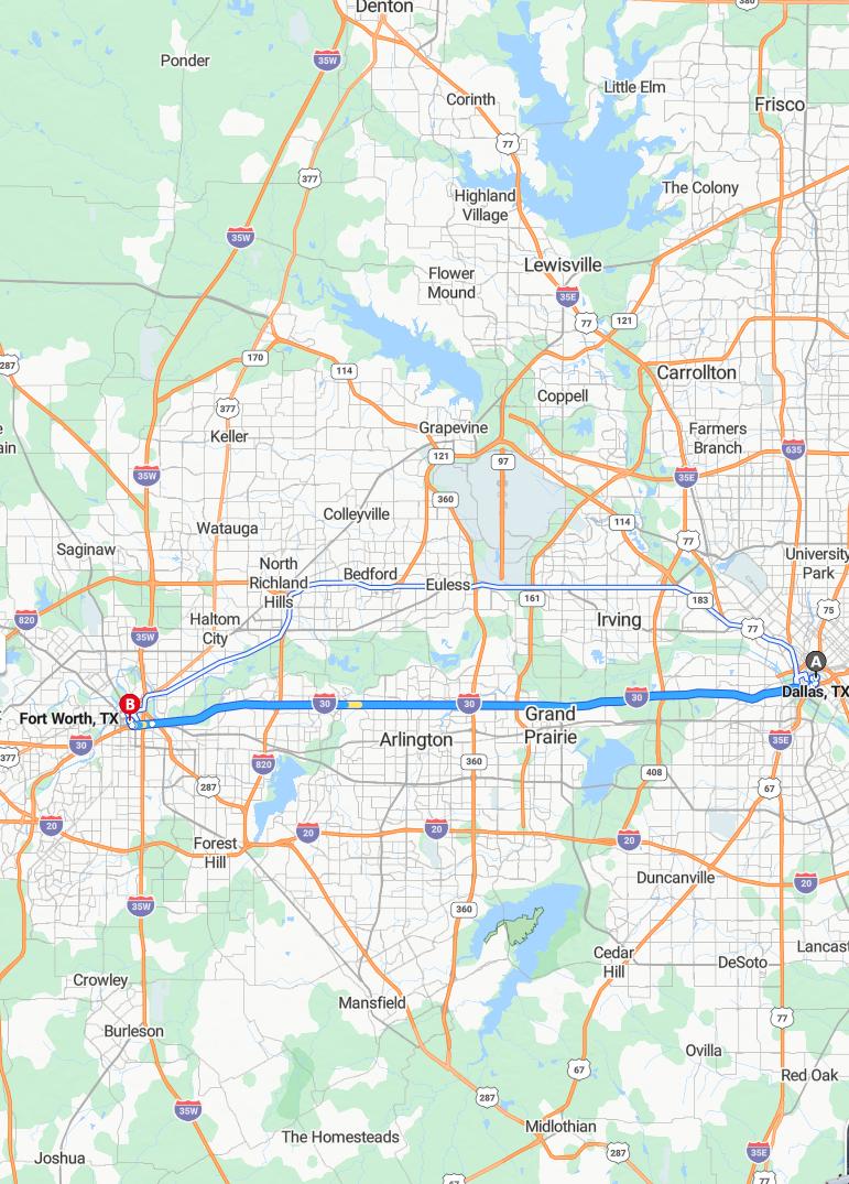 driving from Dallas, Texas to Fort WorthTexas - map and route