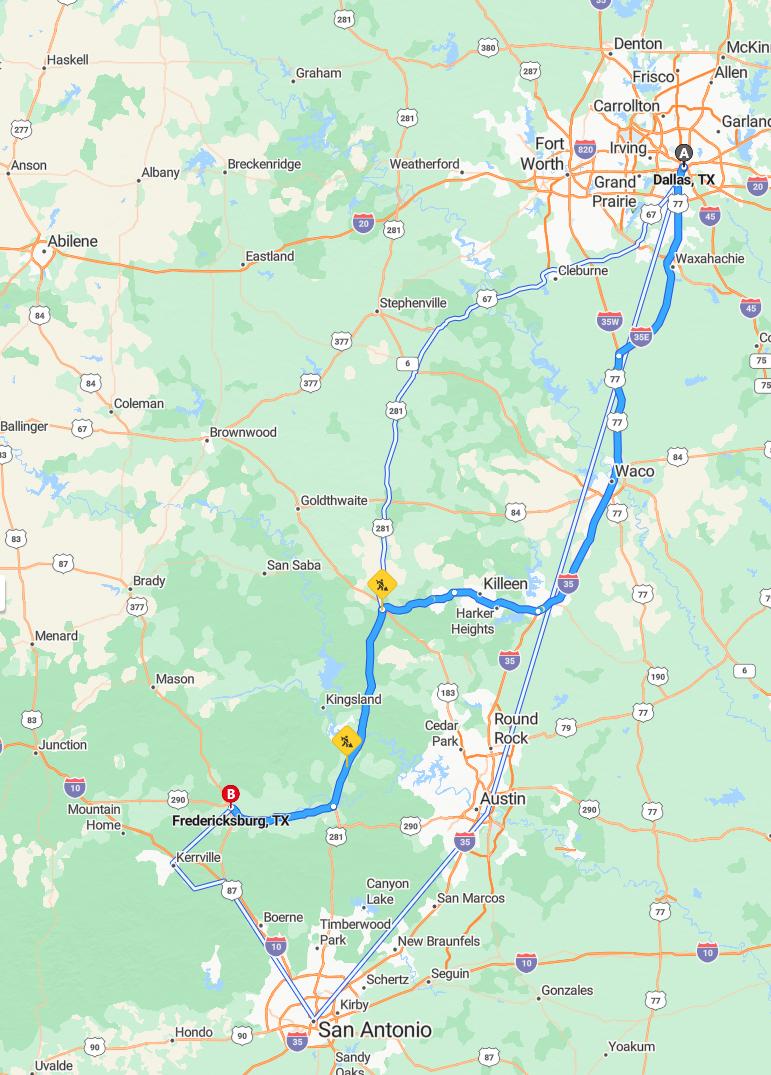driving from Dallas, Texas to FredericksburgTexas - map and route