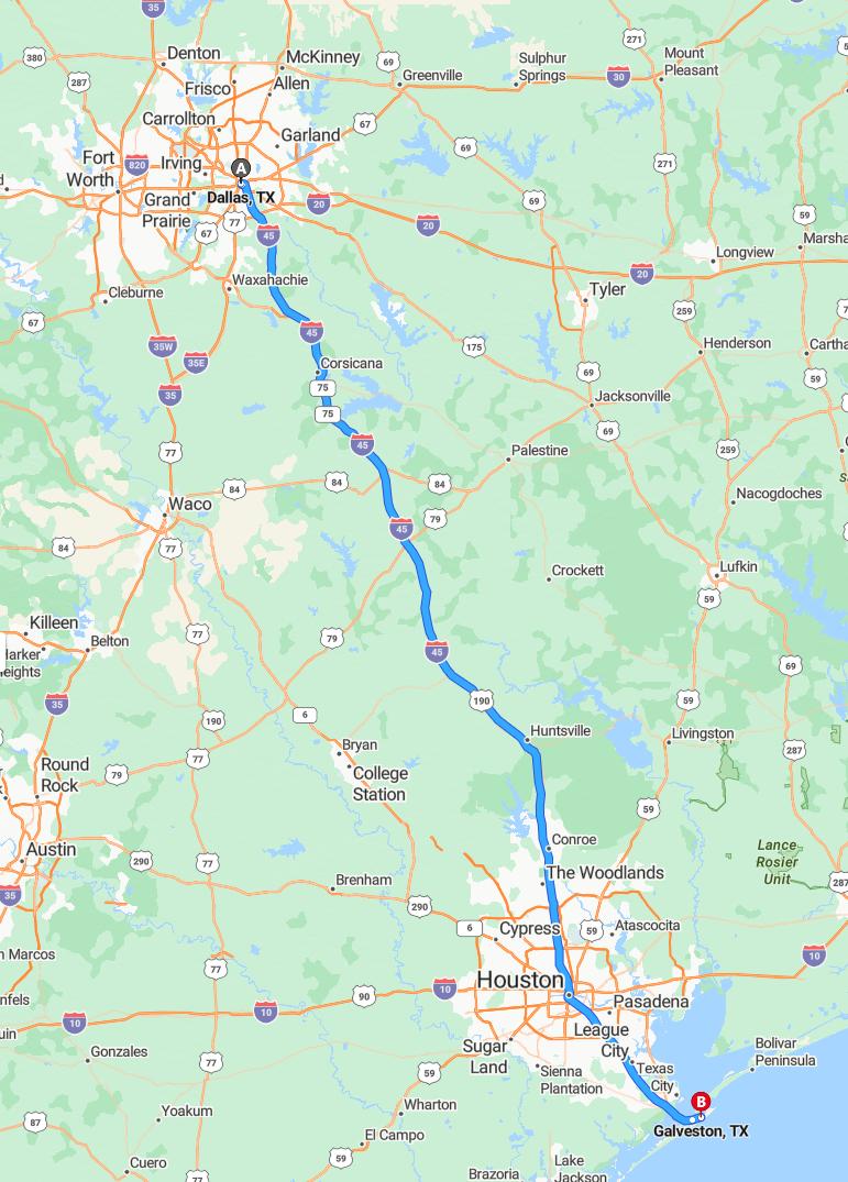 driving from Dallas, Texas to GalvestonTexas - map and route