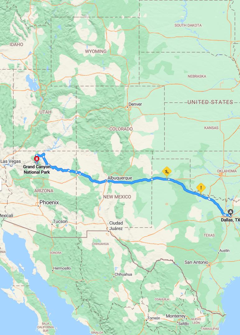 driving from Dallas, Texas to Grand CanyonArizona - map and route