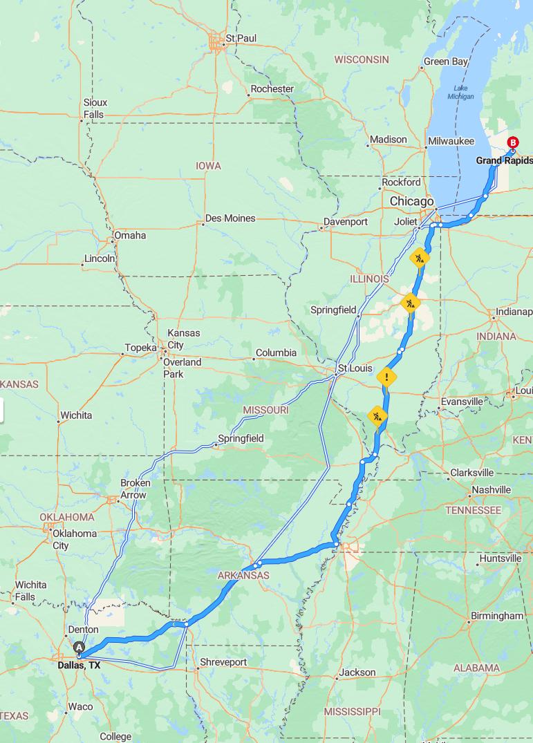 driving from Dallas, Texas to Grand RapidsMichigan - map and route